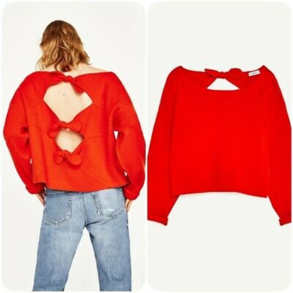 Zara Red Bow Tie Crew Neck Sweater